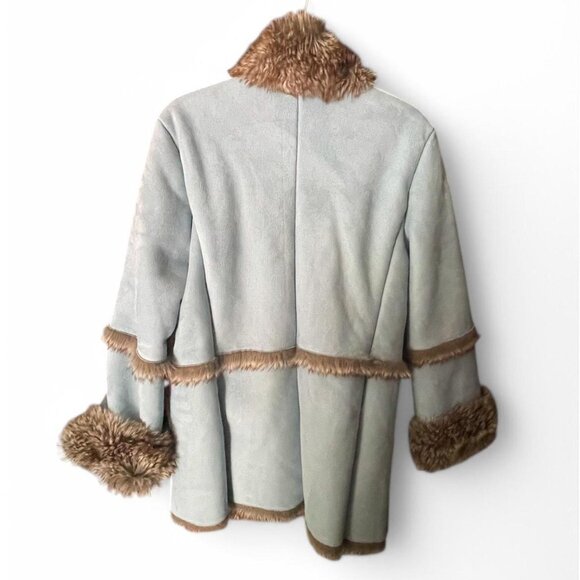Baby Blue Faux Suede Reversible Brown Fur Button Coat Collar Lapel Y2k - Picture 2 of 2